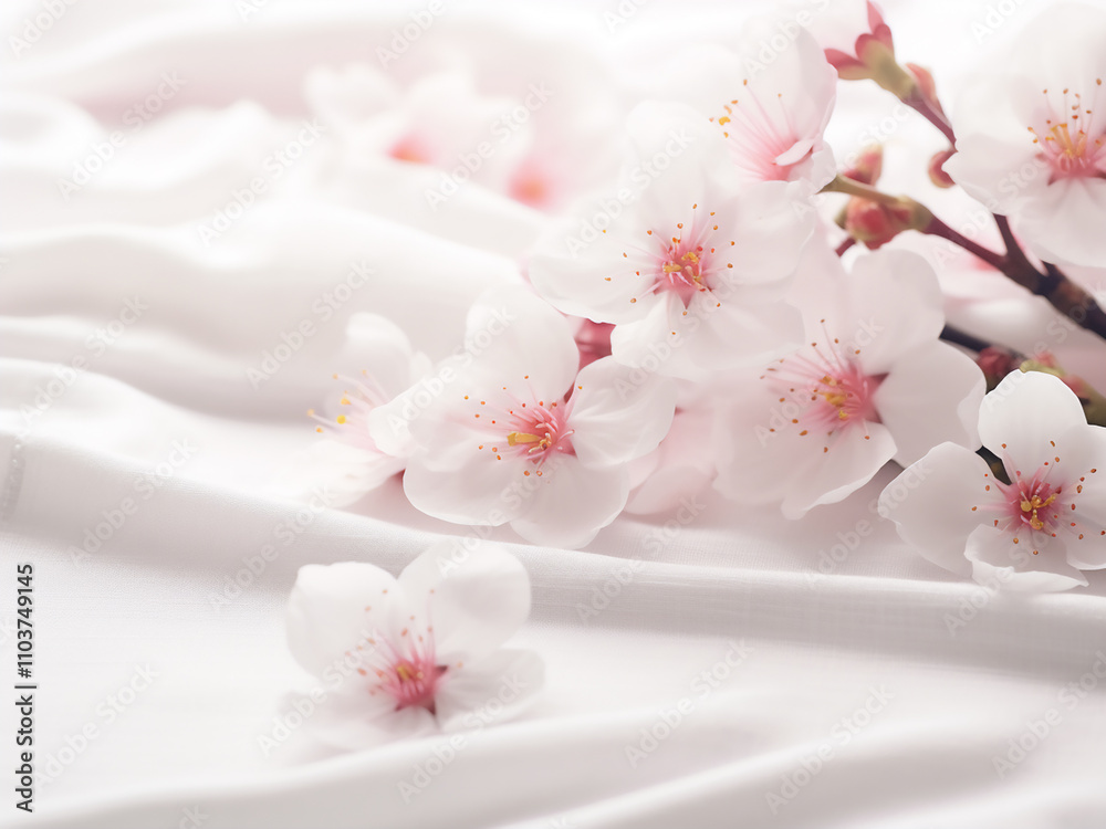 Wall mural Beautiful pink flowers on a white fabric background with soft focus and toning