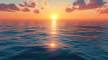 Fototapeta premium Serene sea sunset reflecting on calm waters, creating a peaceful atmosphere. The serene colors of the sea blend beautifully with the sunset, ideal for relaxation. Ample copy space available.