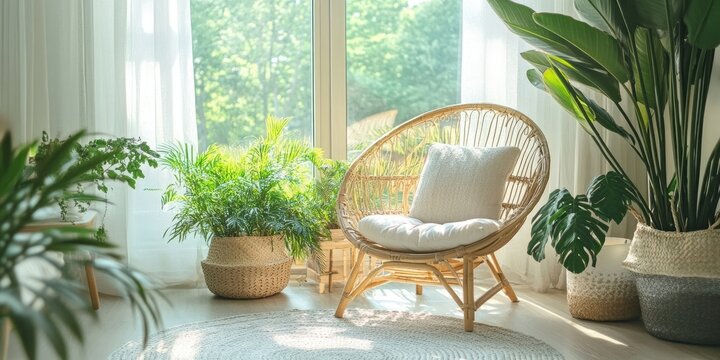 Interior design for a podcast studio includes home living aesthetics. It features a modern room adorned with soft textiles, greenery, and abundant natural light.