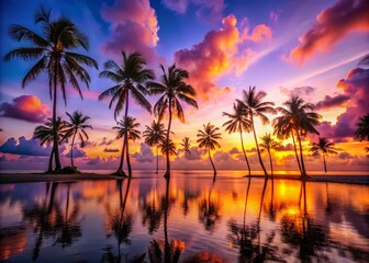 Obraz premium Panoramic Sunrise on a Tropical Beach: Stunning Silhouette of Palm Trees Against a Colorful Horizon at Dawn with Reflections on Calm Waters