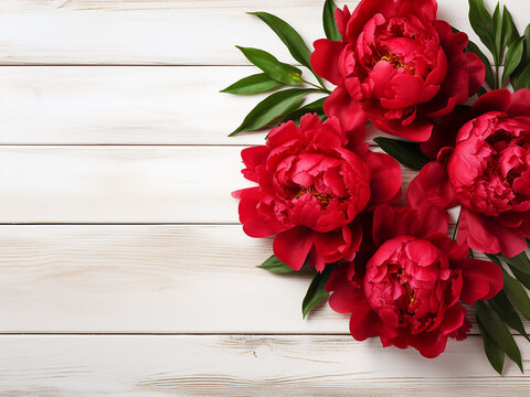A vibrant bouquet of red peonies blooming on a rustic white wooden surface
