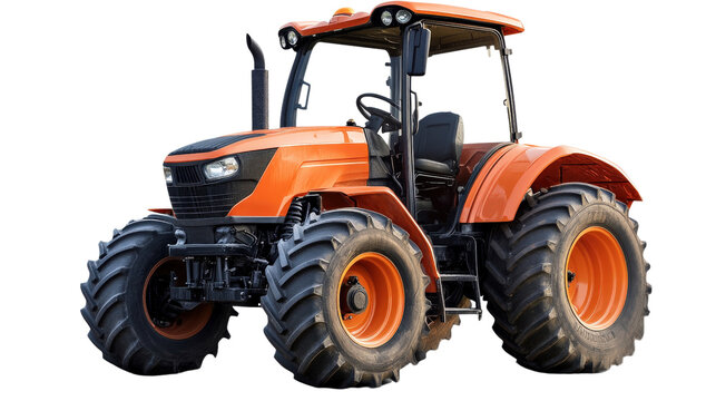 Powerful orange tractor with large tires, ideal for farming and agriculture. This robust vehicle showcases modern design and functionality, perfect for various outdoor tasks