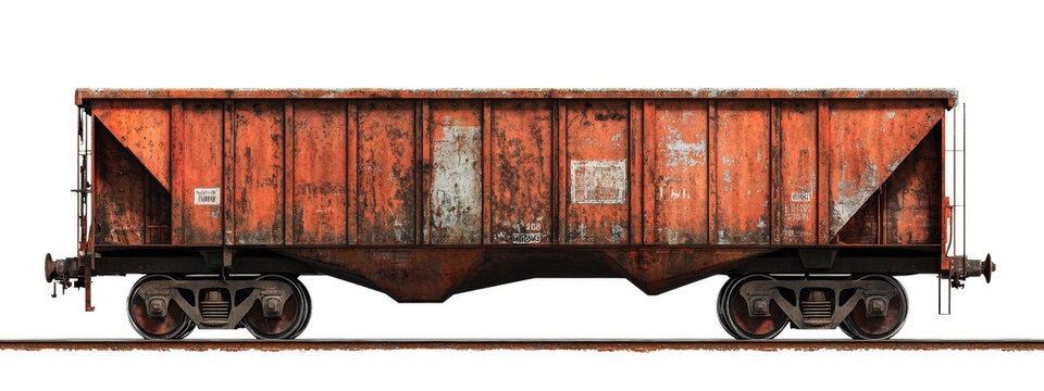weathered orange freight train car with rust and peeling paint, showcasing industrial design and texture