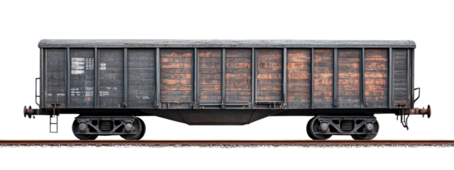 weathered freight train car with rustic appearance, showcasing its wooden texture and metal wheels, set against plain background