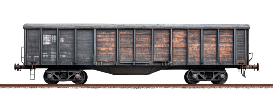 weathered freight train car with rustic appearance, showcasing its wooden texture and metal wheels, set against plain background
