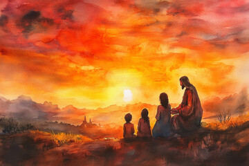 Jesus blessing a family gathered at his feet, with a glowing sunset behind them. The watercolor blends warm oranges, reds, and soft browns to create a comforting and holy moment.