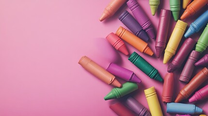 Vibrant multicolored crayons spread across a pink background, creating a playful arrangement perfect for creative projects. Ample copy space enhances the visual appeal of the multicolored crayons.