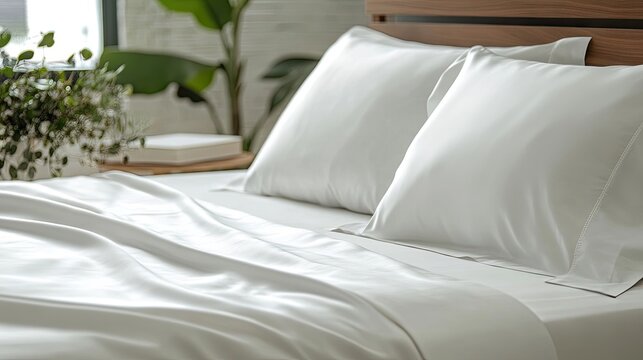 Close-up of a white percale cotton bed sheet adorned with smudged stains, capturing the texture and qualities of the white percale cotton in a stylish bedroom setting with copy space.