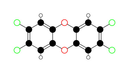 dioxin molecule, structural chemical formula, ball-and-stick model, isolated image organic pollutant