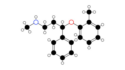 atomoxetine molecule, structural chemical formula, ball-and-stick model, isolated image norepinephrine reuptake inhibitor