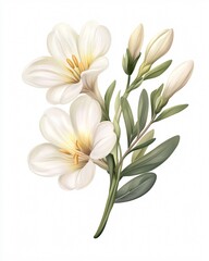 Fototapeta premium White Freesia with Delicate Petals Isolated on White Background