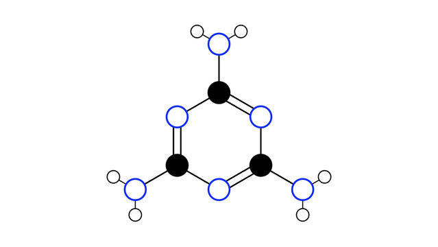 melamine molecule, structural chemical formula, ball-and-stick model, isolated image triazine