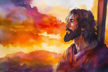 Naklejka premium Jesus standing in front of a beautiful sunset, holding the cross with a serene expression. The watercolor uses rich oranges, reds, and purples to evoke sacrifice, hope, and divine love.