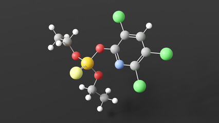 chlorpyrifos molecule 3d, molecular structure, ball and stick model, structural chemical formula insecticide