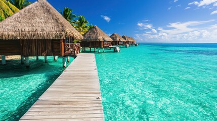 A serene tropical scene featuring overwater bungalows, crystal-clear turquoise water, and a wooden walkway under a bright blue sky.
