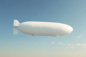 A large, white airship floating in a clear blue sky, showcasing its design and purpose.