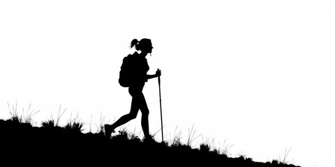 Silhouette of black female hiker with backpack and walking stick on white background, hiking, active
