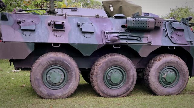 Close-up photo of an armored vehicle called Komodo made by PT Pindad Indonesia.