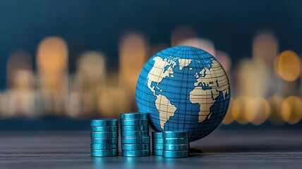 A globe sits beside stacks of coins, symbolizing global finance and economic growth against a blurred cityscape backdrop.