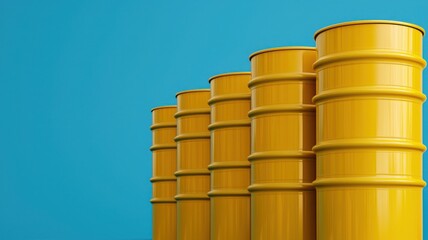 A row of bright yellow barrels against a vibrant blue background, showcasing a striking contrast and industrial aesthetic.