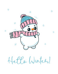 Hello winter greeting card. Hand drawn cute snowman with hat and scarf on white background.