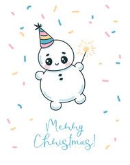 Merry Christmas greeting card. Hand drawn cute snowman with party hat and sparkler on white background.