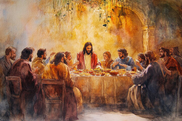 Jesus sharing a meal with the outcasts and sinners, surrounded by a warm and inviting atmosphere. The watercolor uses rich reds, soft yellows, and browns to create a sense of inclusivity, grace, and