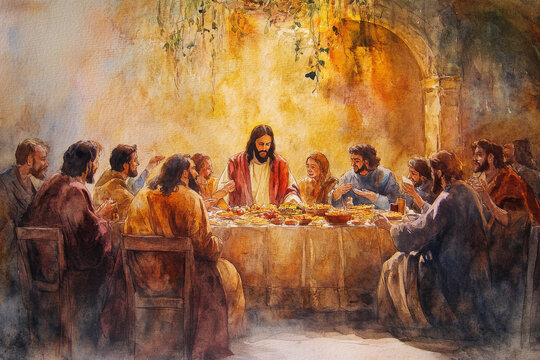 Jesus sharing a meal with the outcasts and sinners, surrounded by a warm and inviting atmosphere. The watercolor uses rich reds, soft yellows, and browns to create a sense of inclusivity, grace, and