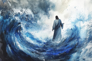 A dramatic watercolor of Jesus standing tall, rebuking a stormy sea. The swirling blues, whites, and grays emphasize the power and calm he brings to the chaos.