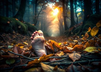 Panoramic View of a Severed Foot on a Dark Forest Floor Surrounded by Leaves and Twigs, Evoking a Sense of Mystery and Unease in an Abandoned Wilderness Setting