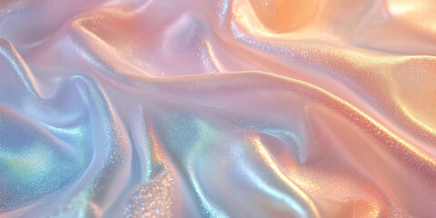 Soft holographic pastel background with gradients of mint, peach, and lavender. The texture is smooth and silky with glowing highlights.