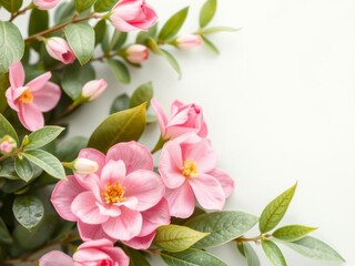 Fototapeta premium Soft pink flowers and green leaves surrounded by various skincare and makeup products, creating a beautiful and feminine background, feminine, skincare, makeup