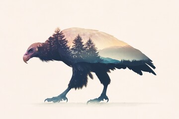 Majestic Eagle Silhouette with Pine Forest Landscape - Artistic Nature-Inspired Double Exposure Design for Wildlife and Environmental Themes
