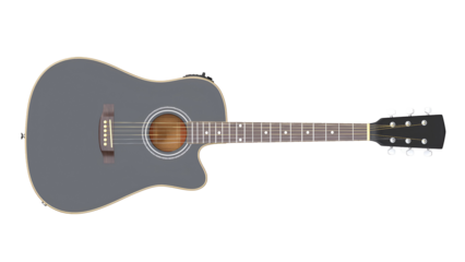 A gray acoustic guitar with a natural wood finish, designed for music performance and enjoyment.