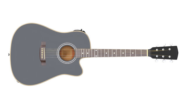 A gray acoustic guitar with a natural wood finish, designed for music performance and enjoyment.