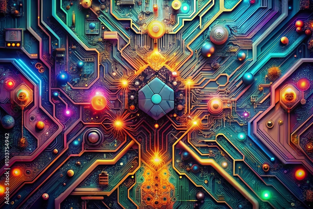 Poster panoramic view of circuit board technology composition with generative ai elements showcasing intric