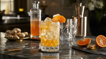sophisticated image of ginger turmeric tonic in crystal glass, garnished with orange slice, set on marble countertop with ginger and oranges in background