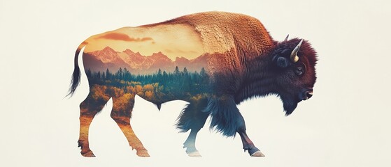 Majestic Bison Silhouette with Nature Landscape; Vibrant Mountain and Forest Scene; Stunning Wildlife Artwork for Nature Lovers and Conservation Themes