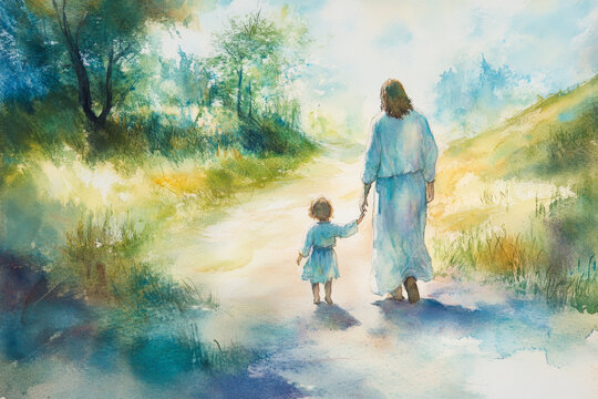 A gentle watercolor of Jesus walking with a child on a peaceful country road. Soft greens and blues set a serene, joyful tone, with the child looking up at Jesus with awe.