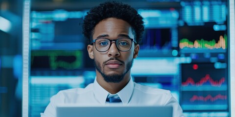 Inventory management and stock replenishment concept. Focused professional analyzing stock data on a laptop in a tech environment.