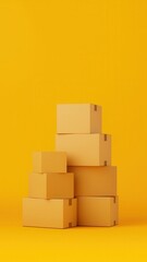 Obraz premium Inventory management and stock replenishment concept. Stack of brown boxes against a vibrant yellow background.