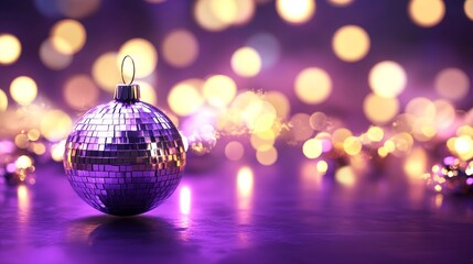 Fototapeta premium Christmas party and New Year celebration with a sparkling disco ball on a vibrant purple background. Digitally generated 3D render creating a festive joyful atmosphere for dancing, fun, celebration