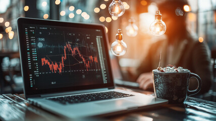 Ai-generated insights on business trends coffee shop digital analysis cozy environment close-up view conceptual growth