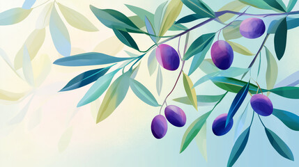Stylized illustration of olive branch with vibrant purple olives and lush green leaves on soft gradient background, peace, nature, harmony, World Peace Day and eco-themed concepts