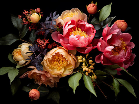 A mixed flower bouquet with peony roses and green branches on a dark floral background