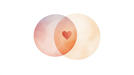 Minimalist Venn diagram with overlapping circles in soft pastel tones and heart in the center, unity, love, and balance, World Peace Day and themes of connection and harmony