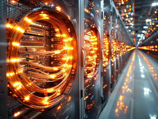 Ai generate futuristic data center infrastructure high-tech environment digital art illuminated network industrial perspective