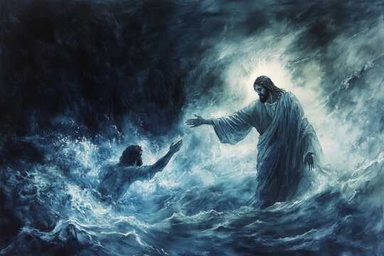 A dramatic watercolor of Jesus standing in a stormy sea, reaching out to Peter sinking in the waves. Dark blues and grays contrast with glowing light surrounding Jesus.