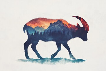 Majestic Mountain Goat Silhouette with Scenic Landscape in Watercolor Style - Nature Artwork for...