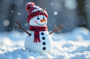 Fototapeta premium Snowman for Christmas and New Year. winter snowy forest. Surprises and gifts for the winter holidays